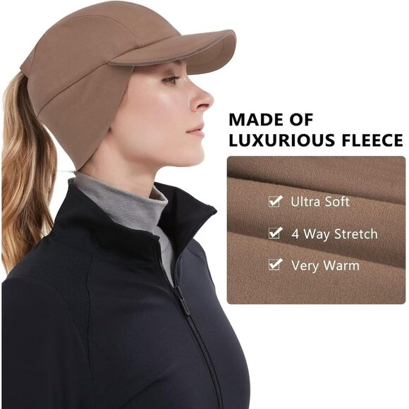〽️Women\'s Brown Winter Reflective Fleece Ponytail Hat with Ear Warmers main image 4